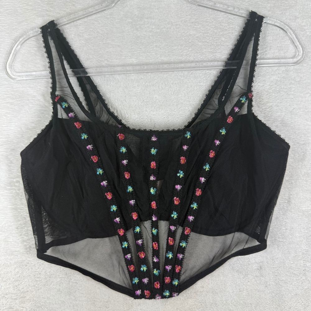 Victoria's Secret Black Sheer Mesh Floral Embroidered Corset Top XL 426033-QCA